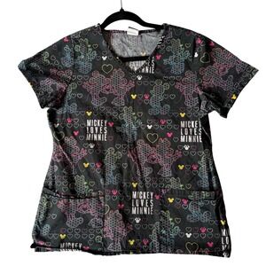 Disney Scrub Top Mickey Loves Minnie Neon Heart Print Medical Uniform Small S